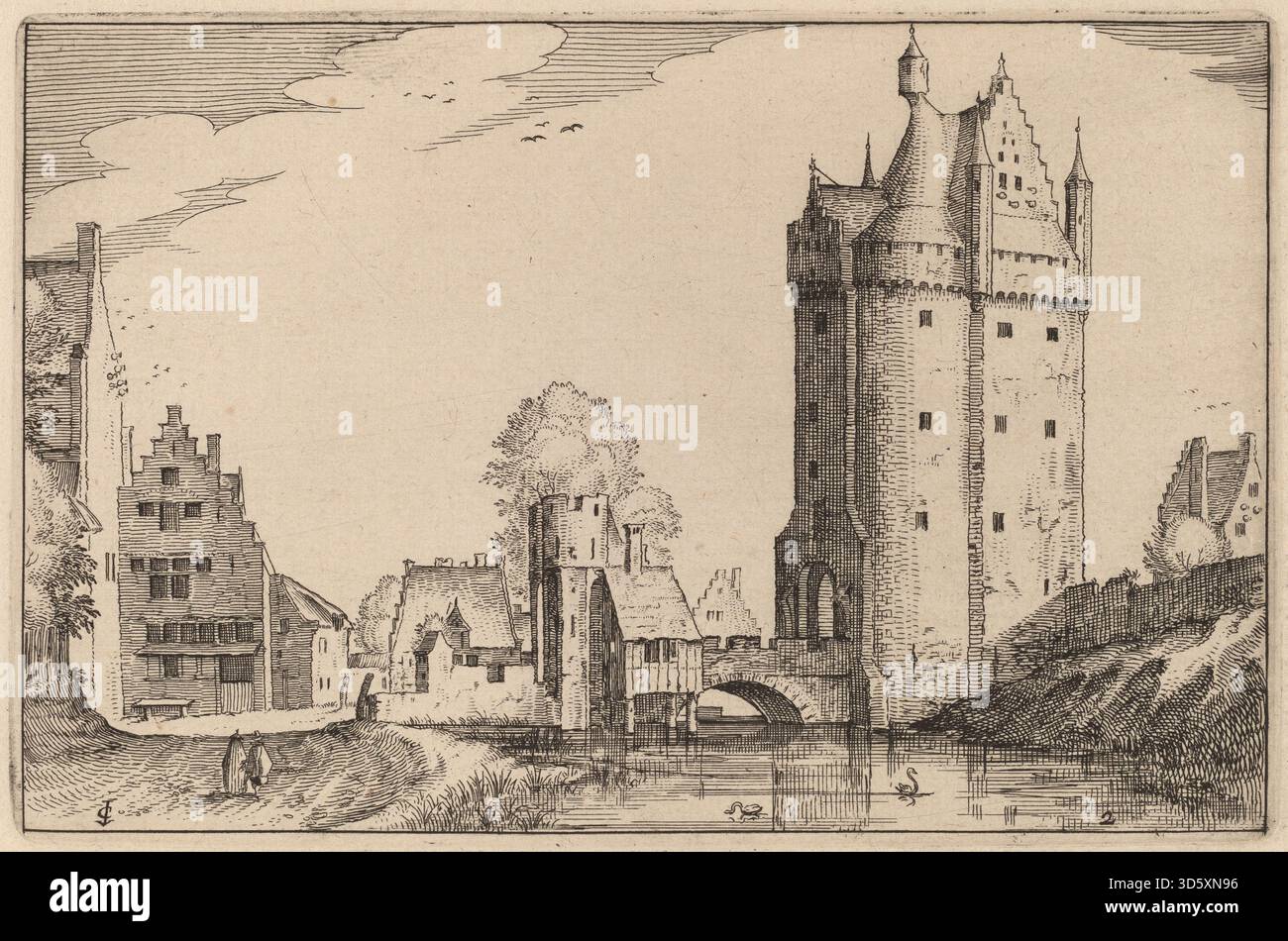 Ein Stich von Claes Jansz Visscher mit einem Stadttor nach Entwürfen von Johannes und Lucas van Doetechum. Die Komposition umfasst die Torstruktur, Mauern, umgebende Gebäude, Straßen und den ländlichen und urbanen Übergang des frühen 17. Jahrhunderts. Stockfoto