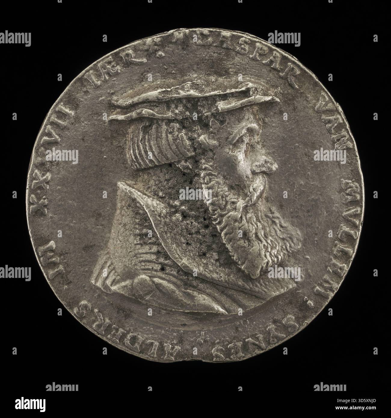 Eine Porträtmedaille oder Darstellung von Caspar von Mulheim von Friedrich Hagenauer, die den Kölner Ratgeber um 1543 zeigt und Gesichtszüge, Kleidung und symbolische Anhaltspunkte für das Amt hervorhebt. Stockfoto