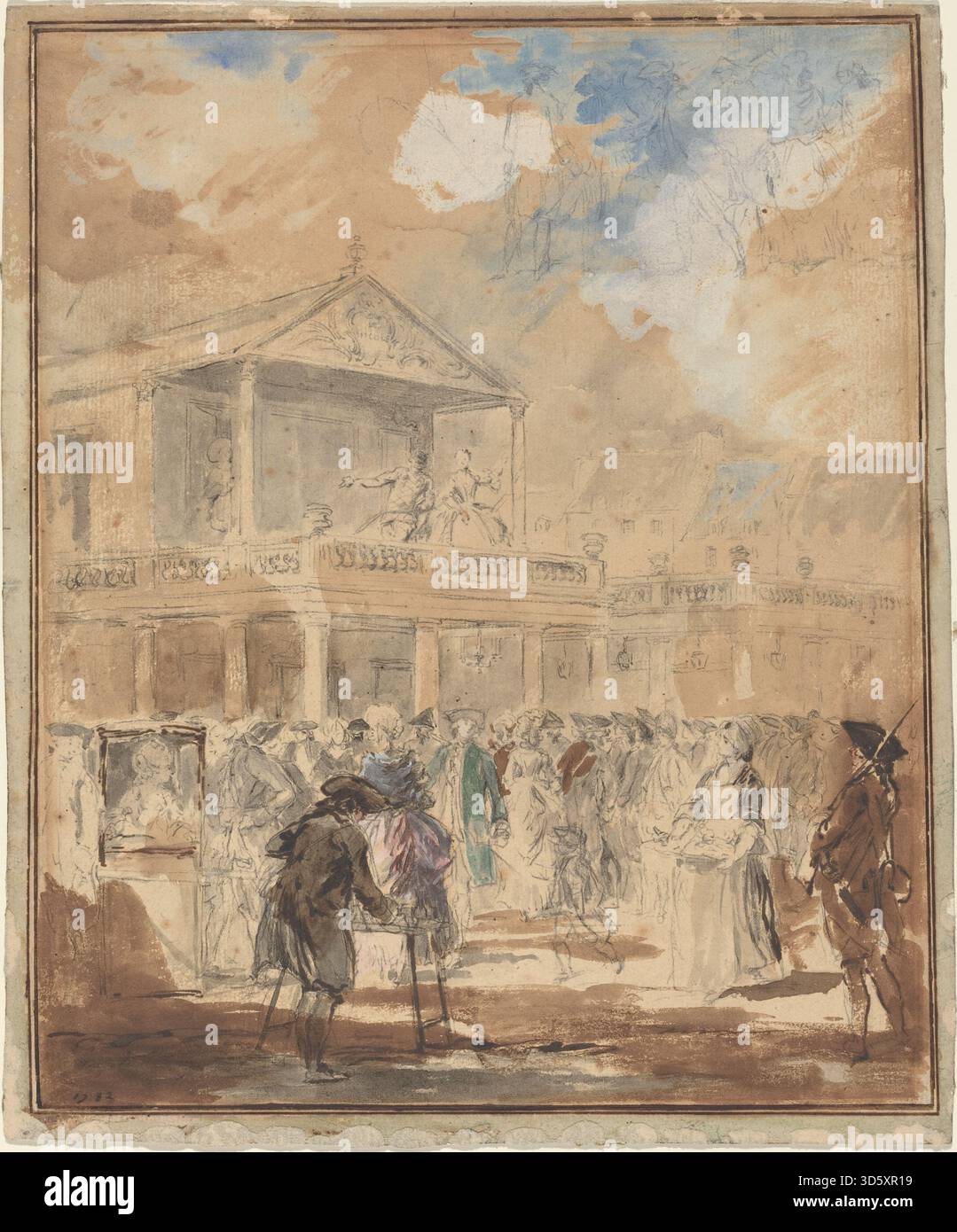 Dieses Werk, das Augustin de Saint Aubin zugeschrieben wurde, zeigt eine Theaterprozession in Paris, in der Figuren in Kostümen, Musiker, Banner, Wagen und eine urbane Pariser Straßenszene dargestellt werden, die festliche öffentliche Veranstaltungen und zeremonielle Umzüge des 18. Jahrhunderts repräsentiert. Stockfoto