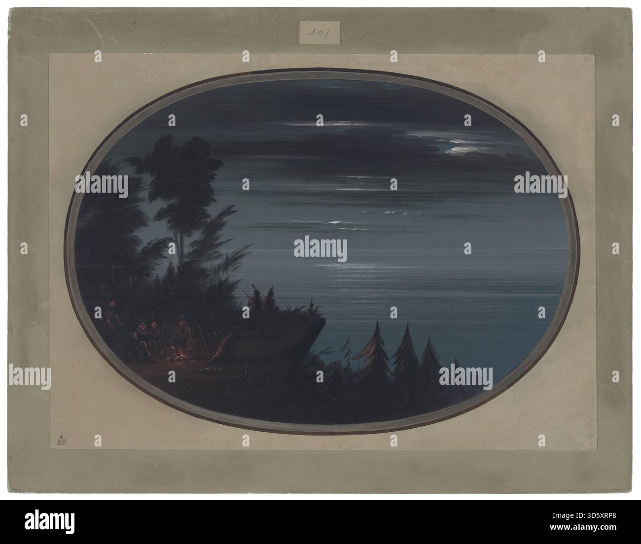 George Catlin Gemälde, das Nayas Village in der Nacht zwischen 1855 und 1869 zeigt, indianische Wohnungen, nächtliche Landschaft und ruhiges Dorfleben unter natürlicher Beleuchtung. Stockfoto