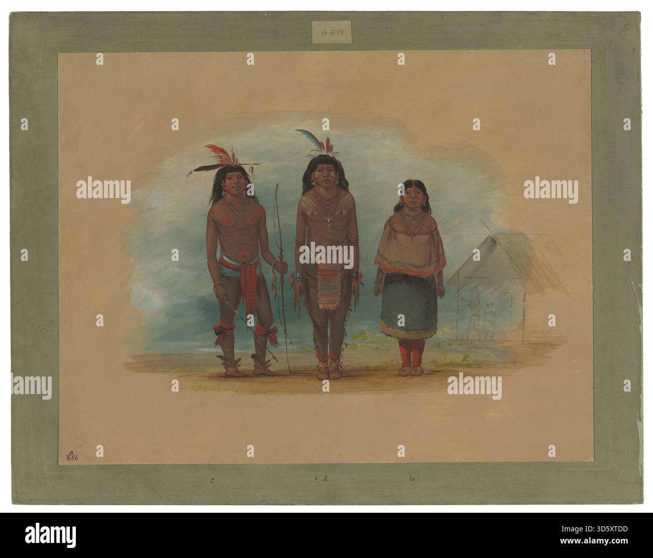 Ein Gemälde von George Catlin aus den Jahren 1854–1869, das drei Taruma-Männer in traditioneller Kleidung zeigt und Frisuren, Accessoires, Haltung und kulturelle Merkmale der Taruma zeigt. Stockfoto