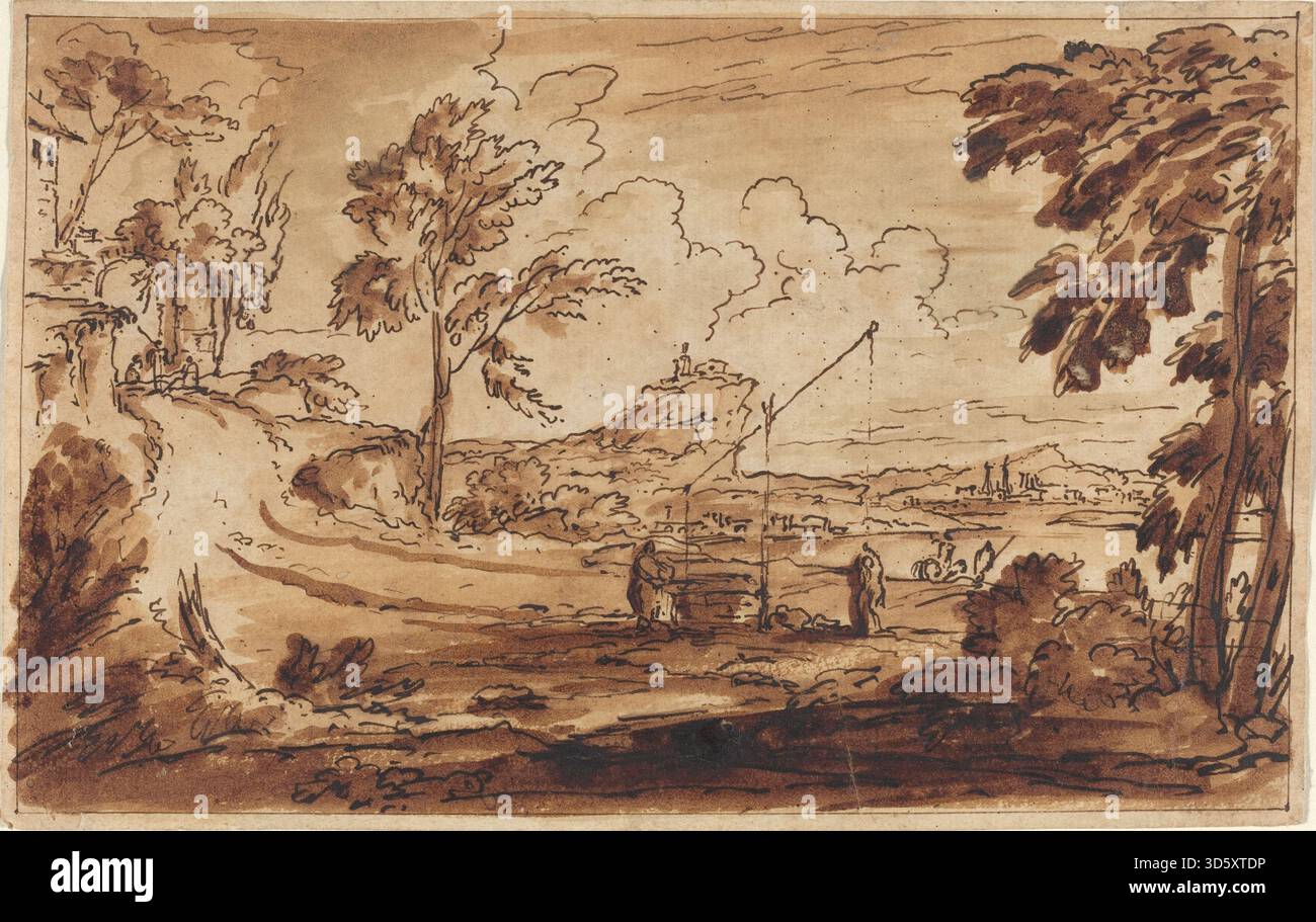 Französisches Gemälde aus dem 17. Jahrhundert, das eine Szene am DRAM-Brunnen darstellt. Das Kunstwerk umfasst Figuren, Wasserspiele, architektonische Elemente und naturalistische Landschaftsdetails. Stockfoto