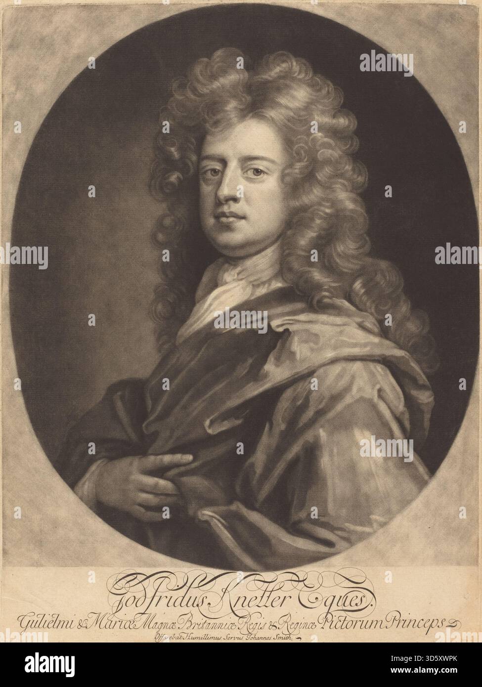John Smiths Werk nach Sir Godfrey Kneller aus dem Jahr 1694 stellt Godfrey Kneller dar und betont Gesichtszüge, Ausdruck und formale Porträtkomposition im barocken europäischen Stil. Stockfoto