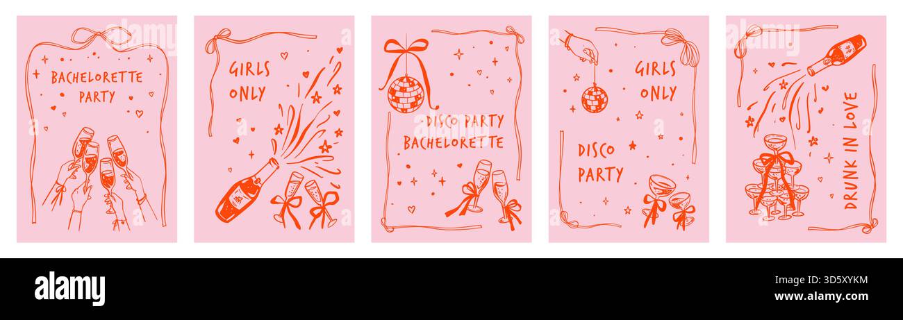Skurriles Poster für Junggesellinnen mit Discoball, rosa Cocktail und Sektgläsern. Handgezeichneter Beifall und Toast Illustration mit Ha heben Stock Vektor
