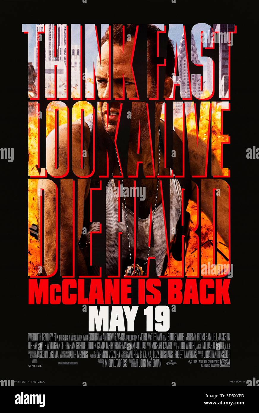 Die Hard with a Vengeance (1995) von John McTiernan mit Bruce Willis, Samuel L. Jackson und Jeremy Irons. Ein New Yorker Polizist arbeitet mit einem Ladenbesitzer zusammen, um die tödlichen Rätsel eines Bombers zu lösen und die Stadt vor der Zerstörung zu retten. Foto eines Original-Posters aus dem Jahr 1995 (USA), das NUR FÜR REDAKTIONELLE ZWECKE VERWENDET WIRD. Quelle: BFA / 20th Century Fox Stockfoto