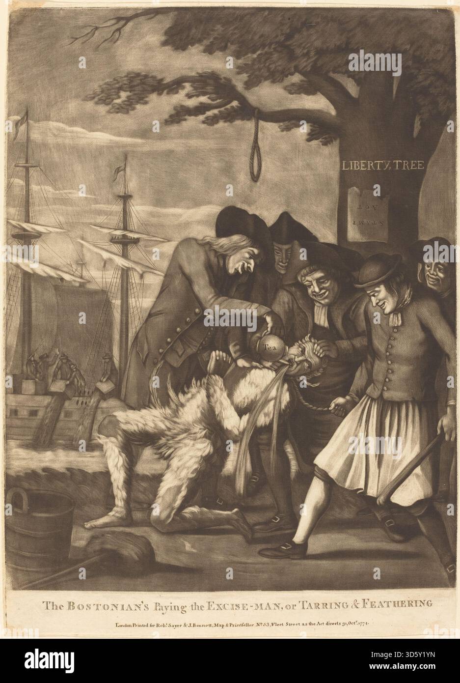 Ein satirischer Druck aus dem Jahr 1774, der Philip Dawe zugeschrieben wird und zeigt, wie Kolonisten während der amerikanischen Kolonialproteste gegen Verbrauchsteuern einen Steuereintreiber tarnen und fiedern. Stockfoto
