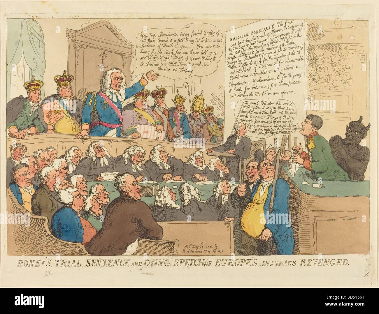 Dieser Stich von Thomas Rowlandson aus dem Jahr 1815 zeigt die Gerichtsverhandlung, Verurteilung und Sterberede Napoleon Bonapartes und zeigt Figuren, Ausdrücke und historische Kleidung, die historische Ereignisse und die europäische Druckerei des frühen 19. Jahrhunderts widerspiegeln. Stockfoto