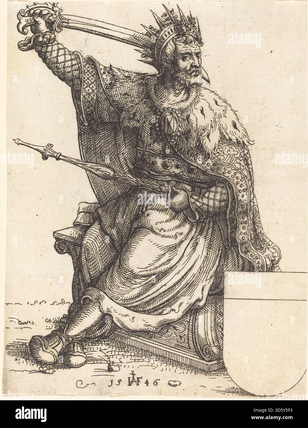 1546 Kupferstich von Augustin Hirschvogel, der Ferdinand I. in formeller Kleidung auf einem Thron mit kaiserlichen Symbolen darstellt und die politische und zeremonielle Autorität der Habsburgermonarchie in Europa repräsentiert. Stockfoto