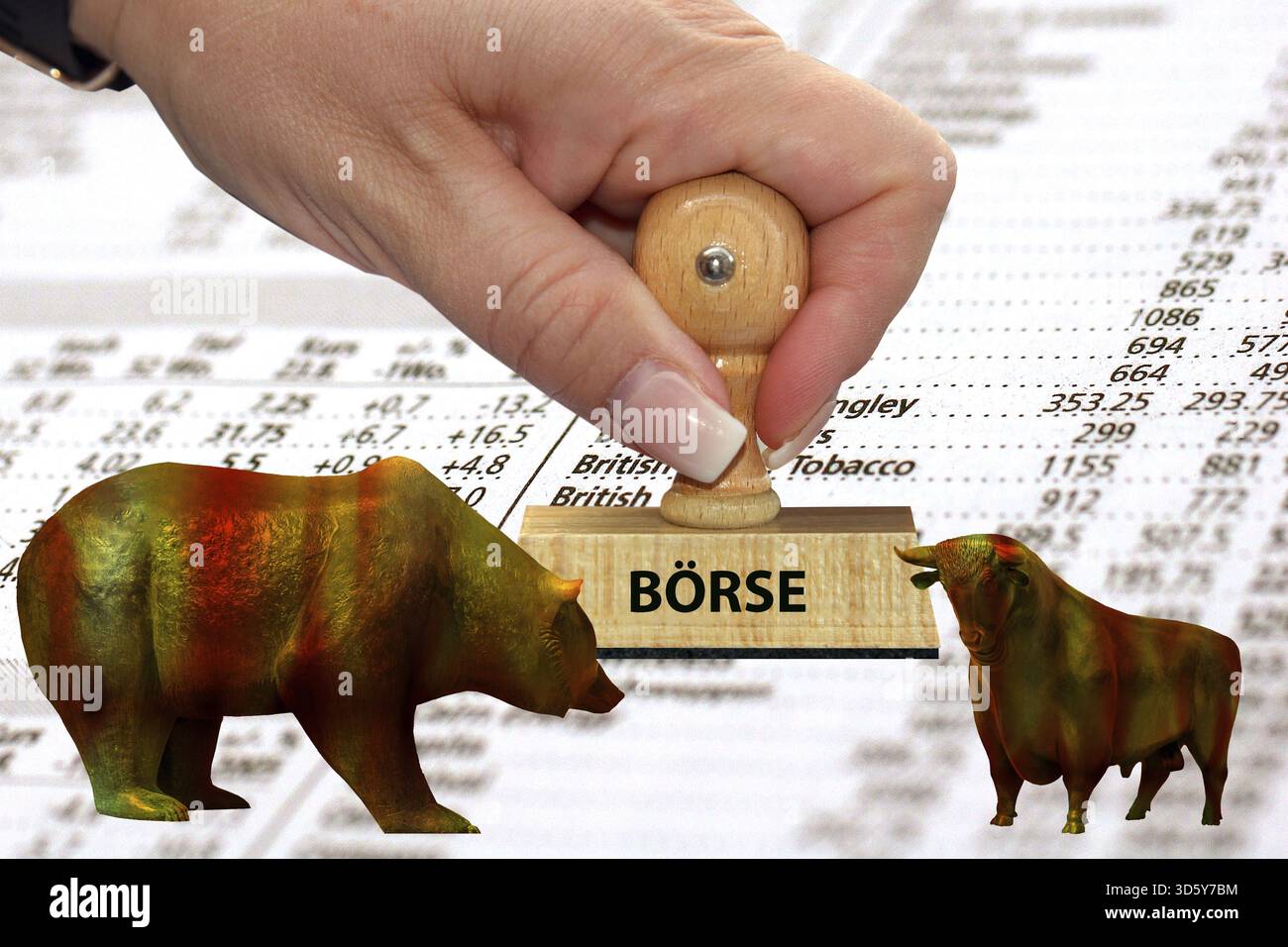 Börse, Aktien, Aktienkurse, Bärenmarkt, fallende Preise, Stier und Bär, Stempel, Frauenhand, Studioaufnahme, Bundesrepublik Deutschland Stockfoto