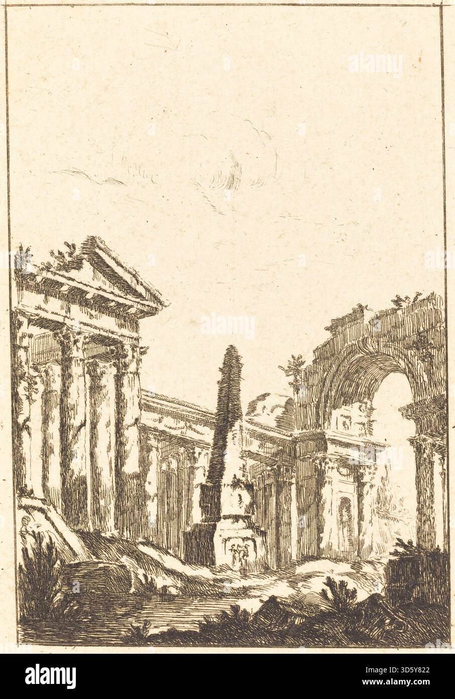 Eine architektonische Fantasie von Jérôme Charles Bellicard, die Ruinen, einen Obelisken und phantasievolle Strukturen zeigt, die Komposition, Perspektive, und klassische architektonische Elemente, die zwischen 1726 und 1786 datiert wurden. Stockfoto