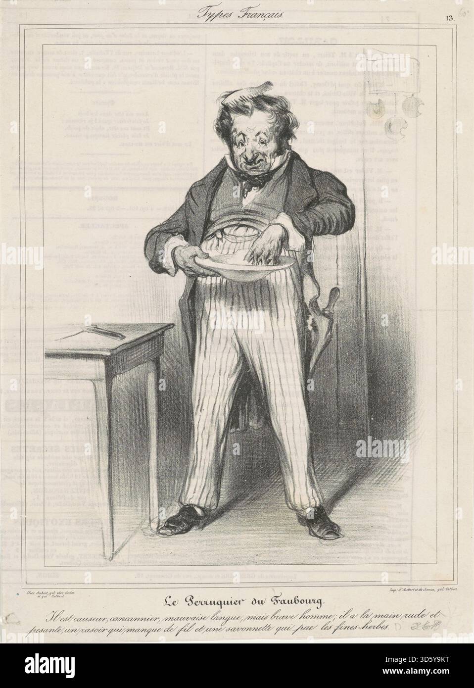 Daumiers Lithografie „Le Perruquier du Faubourg“ aus dem 19. Jahrhundert zeigt einen Perruquier in einer Nachbarschaft und zeigt Haltung, Geste, Kleidung und Interaktion im französischen sozialen Karikaturstil. Stockfoto