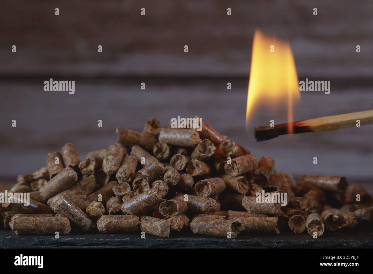 Holzpellets, die mit einem brennenden Streichholzstab entzündet werden, symbolisieren erneuerbare Energien, nachhaltige Heizung und alternative Brennstoffoptionen Stockfoto