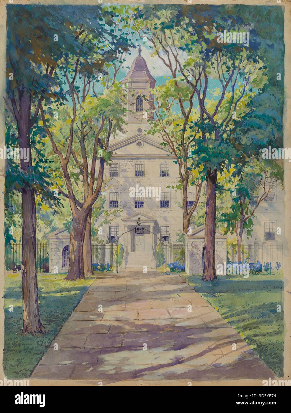 Dieses um 1936 entstandene Werk von Gilbert Sackerman zeigt das New York City Hospital, einschließlich der Außenfassade des Gebäudes, der umgebenden Landschaft, der städtischen Straßen und der architektonischen Details in realistischem Stil. Stockfoto