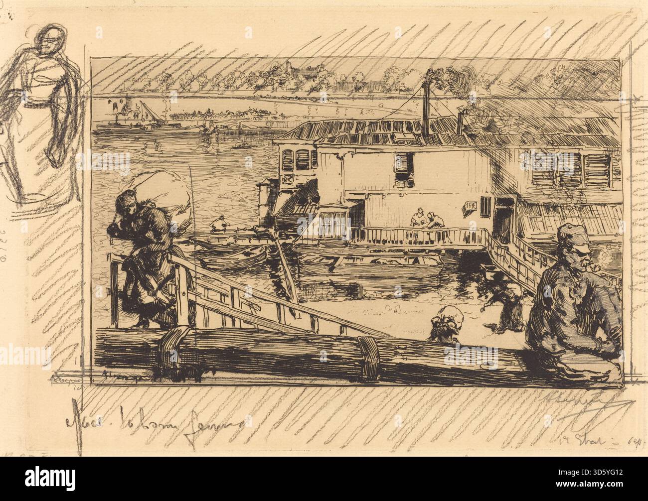 Dieser Stich von Auguste Lepère aus dem Jahr 1891 zeigt das Waschhaus (le lavoir) und hebt die Architektur hervor, das Waschbecken, die Waschfiguren, die Dachkonstruktion, und Gemeindearbeit. Sie dokumentiert die Arbeit und die öffentliche Ausstattung in französischen Dörfern des 19. Jahrhunderts. Stockfoto