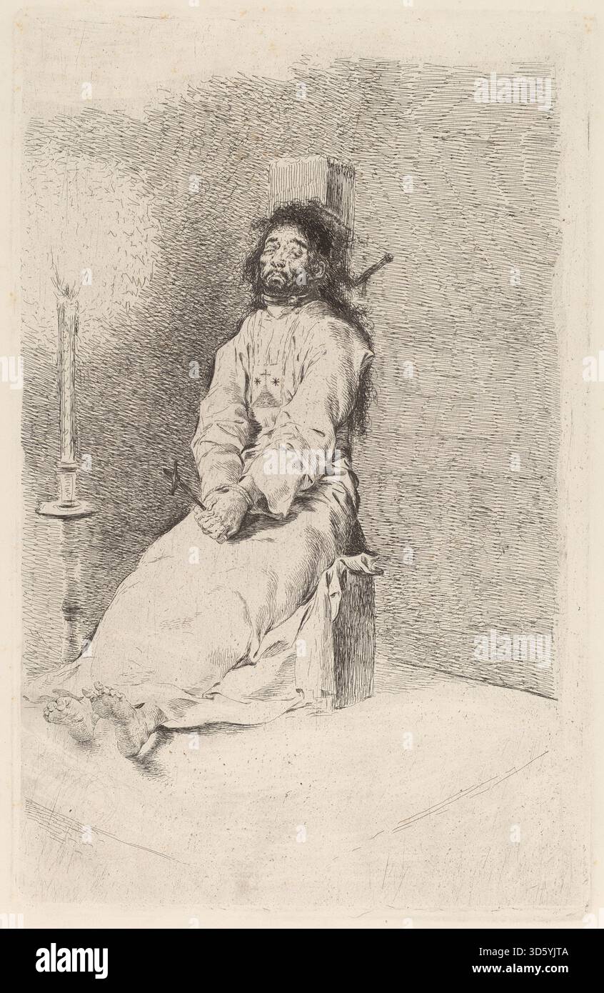 Ein Druck von Francisco de Goya, der in oder vor 1780 mit dem Titel „der Garroted man“ erstellt wurde, zeigt einen Mann, der von Garrotte hingerichtet wurde, und zeigt detaillierte Körperhaltung, Gesichtszüge und historische Kleidung in einer dramatischen Komposition. Stockfoto