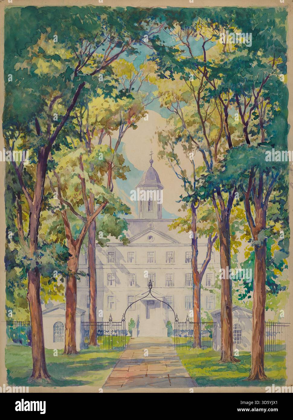 Dieses Gemälde von Gilbert Sackerman, geschaffen 1935–1942, zeigt das New York City Hospital und zeigt die Gebäudefassade, das umliegende Gelände, die städtische Umgebung und architektonische Elemente in realistischer Detailtreue. Stockfoto