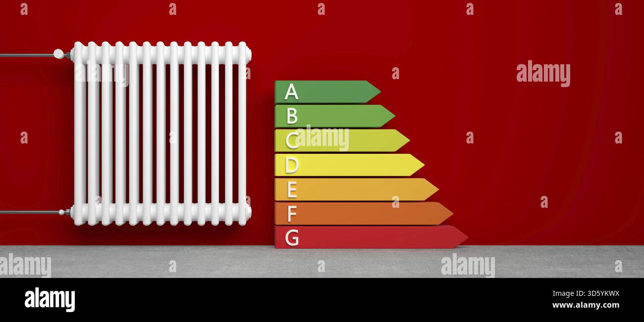 Klassischer Heizkörper mit Pfeil vor Hintergrund - 3D Abbildung Stockfoto