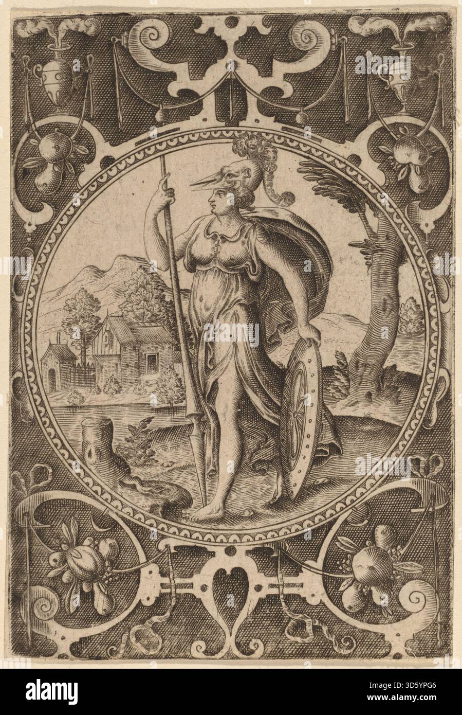 Dieser Stich von Abraham de Bruyn zeigt Minerva, die römische Göttin der Weisheit und des Krieges, dargestellt mit Helm, Speer und Schild, die Strategie und Intellekt symbolisieren. Stockfoto