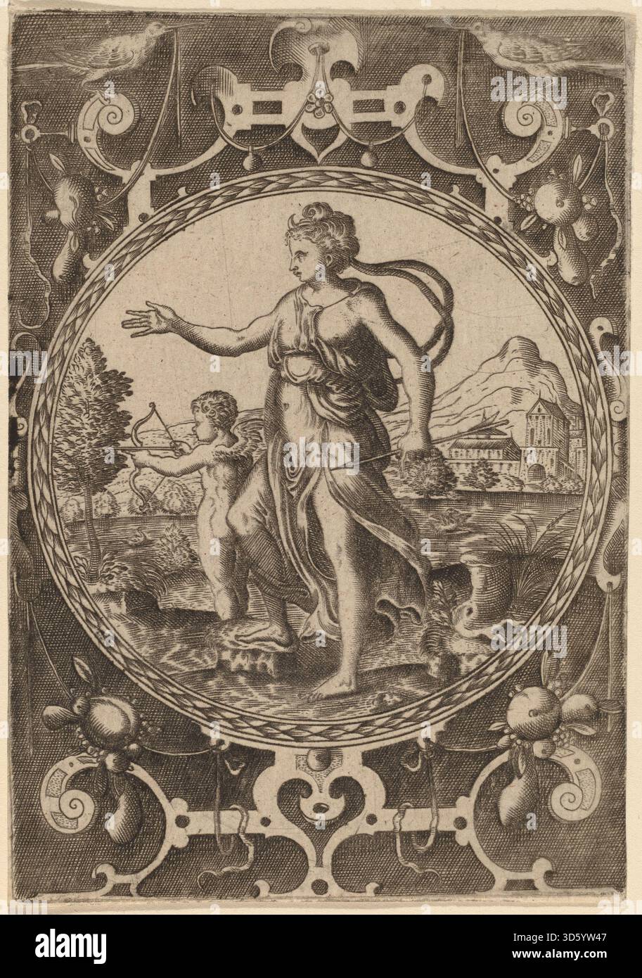 Dieser Stich von Abraham de Bruyn zeigt Venus, die römische Göttin der Liebe, und veranschaulicht klassische Symboliken mit Attributen wie einem Spiegel oder der Anwesenheit von Tauben, die Schönheit und Begehrlichkeit betonen. Stockfoto