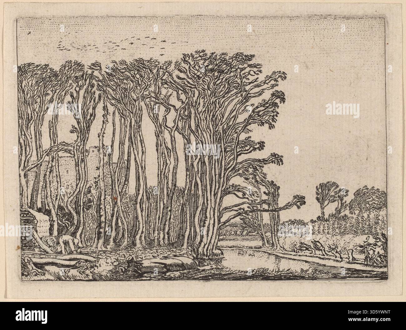 Gemälde von Willem Buytewech aus dem Jahr 1621, das einen Holzkohlebrenner am Werk zeigt, männliche Figur, Feuer, Holzkohlehaufen, Werkzeuge, Kleidung, Haltung, Hände, Gesichtsausdruck, Hintergrundlandschaft, und im niederländischen Genre-Stil des 17. Jahrhunderts. Stockfoto