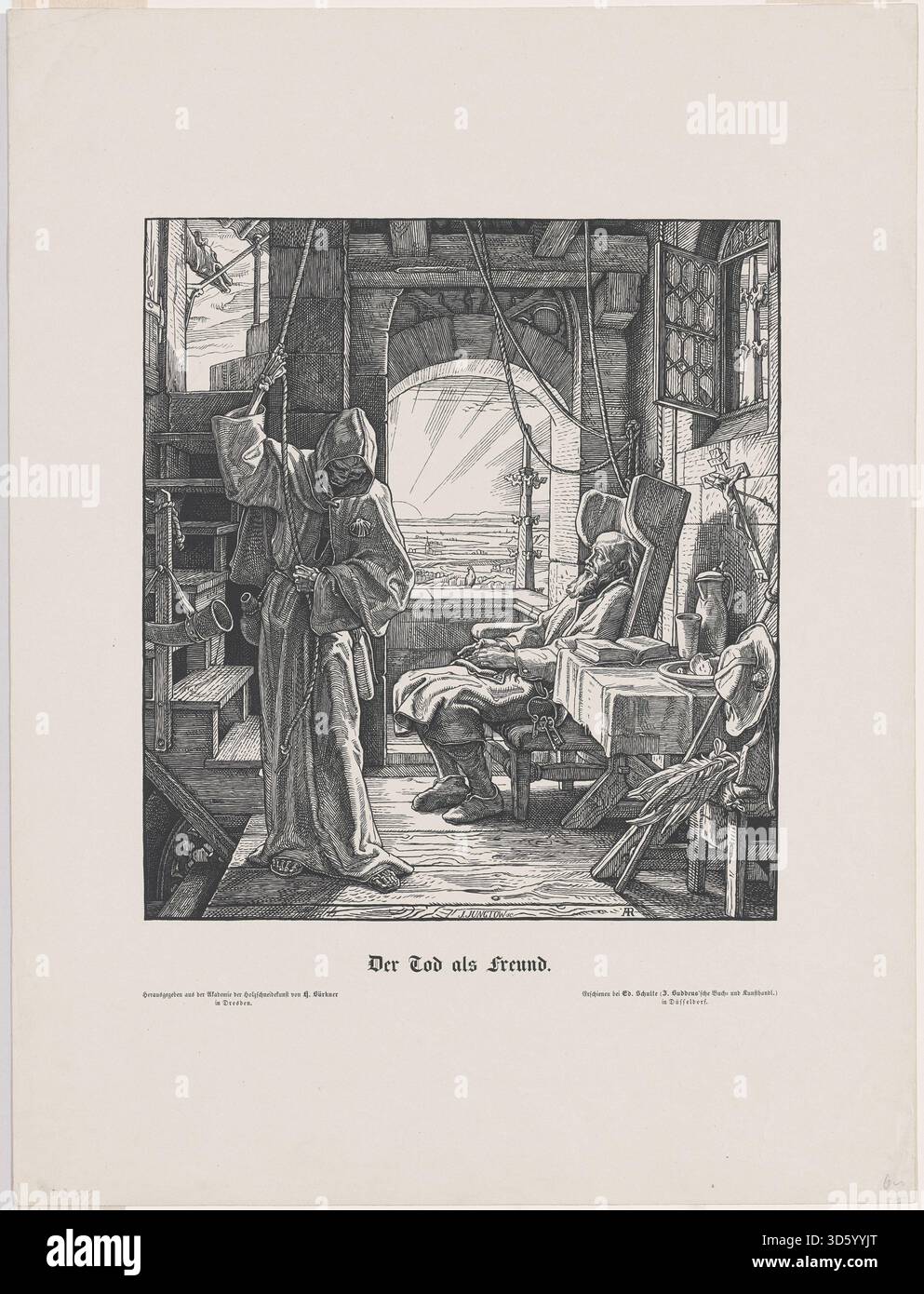 Alfred Rethels Gravur „der Tod als Freund“ aus dem Jahr 1851 zeigt den Tod als Begleiter und zeigt Skelette, die mit Menschen in expressiven Gesten, detaillierter Anatomie und einer erzählerischen Komposition, die die Mortalität betont. Stockfoto