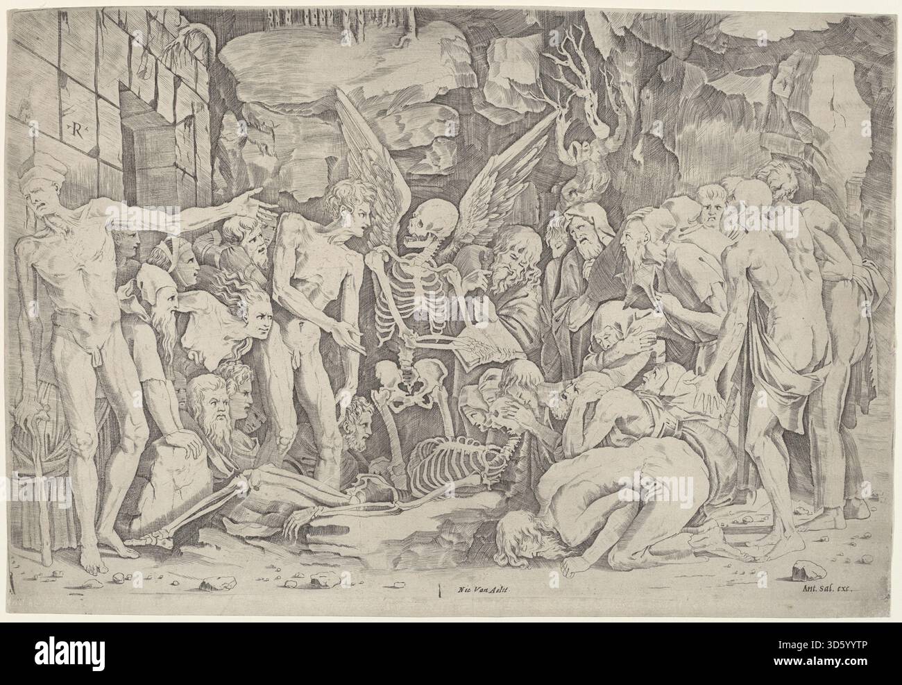 Dieser Druck von Marco Dente nach Baccio Bandinelli, um 1518, zeigt Skelettfiguren. Das Kunstwerk betont menschliche Anatomie, Knochenstruktur, Komposition, Geste und künstlerische Studien. ein Spiegel italienischer Stich des frühen 16. Jahrhunderts und anatomische Illustration der Renaissance. Stockfoto