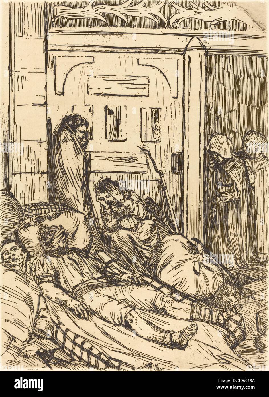 Field Hospital (L'Ambulance) von Alphonse Legros stellt eine temporäre medizinische Einrichtung mit verwundeten Soldaten, medizinischem Personal, Ausrüstung und Zelten dar. menschliche Figuren und Licht, gemalt in Öl auf Leinwand, repräsentiert die Genremalerei des 19. Jahrhunderts. Stockfoto