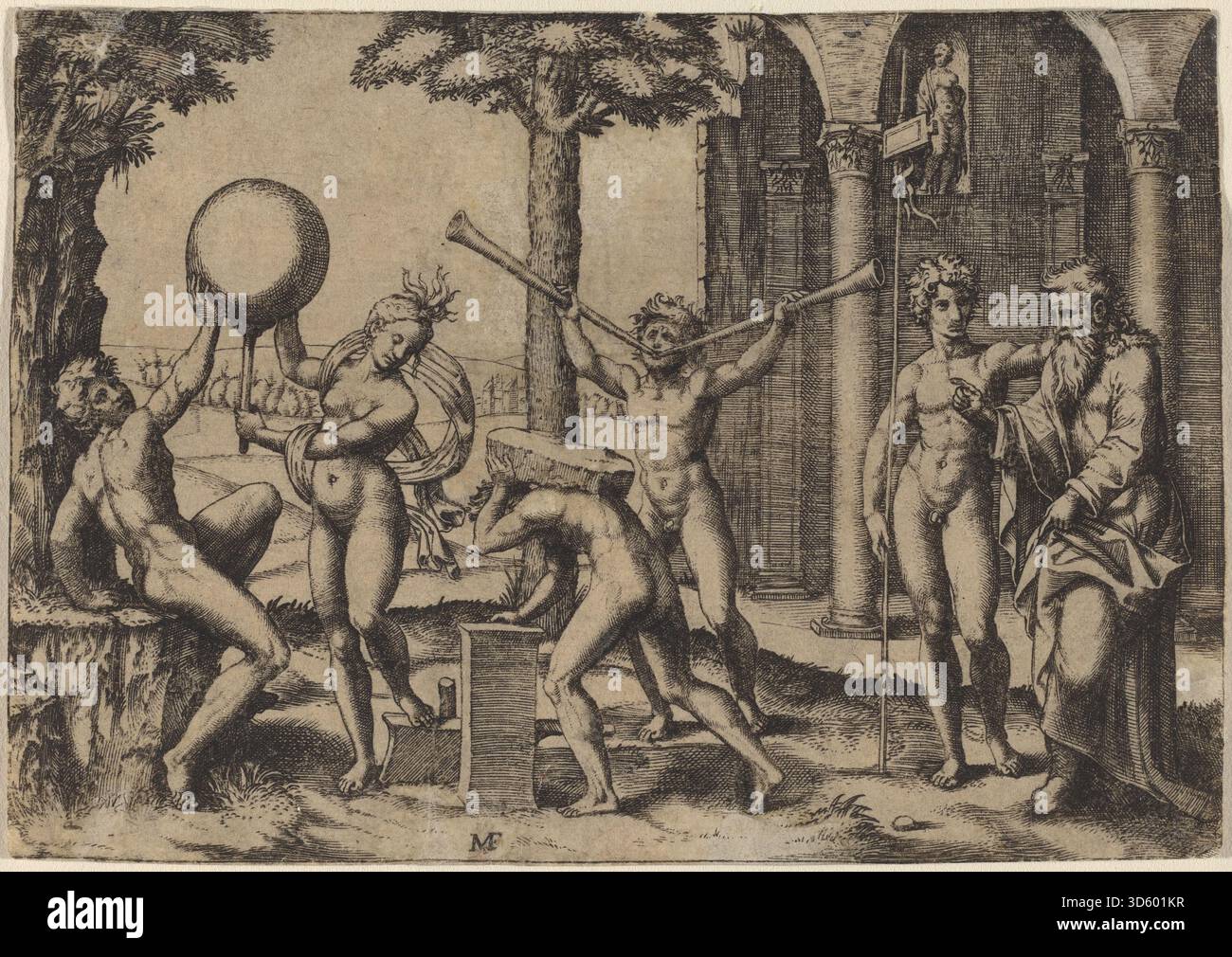 Dieser Stich von Marcantonio Raimondi nach Baccio Bandinelli reproduziert „der Mann mit zwei Trompeten“ mit einer männlichen Figur, die zwei Trompeten in klassischer Pose hält. Der Druck hebt Proportion, Anatomie und Renaissance-Gravurtechniken hervor. Stockfoto