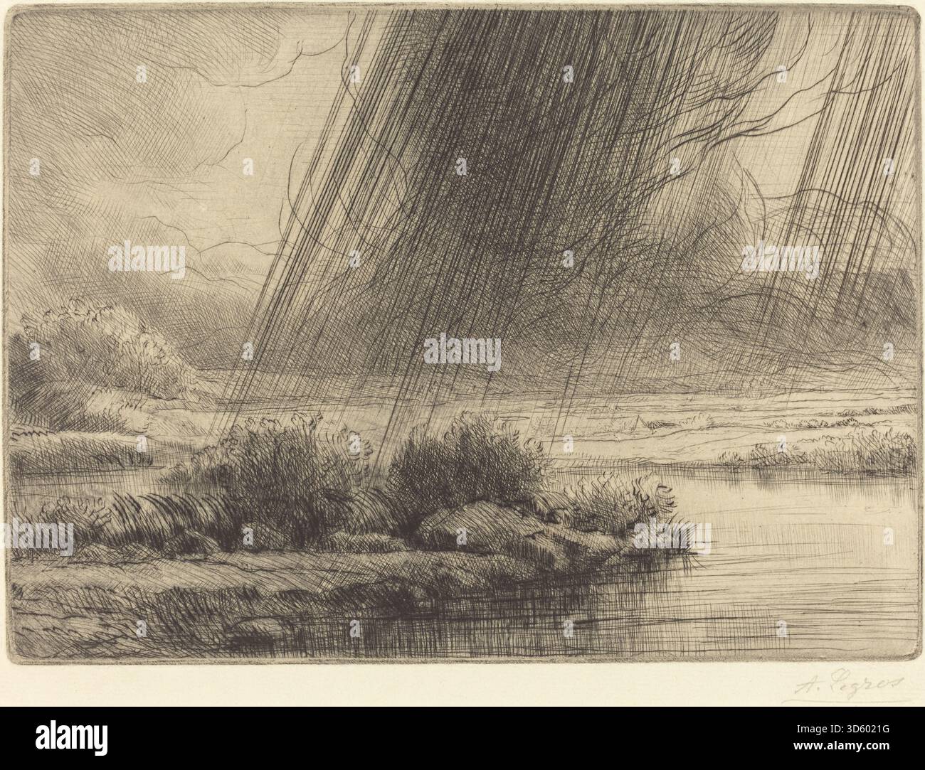 Diese Zeichnung von Alphonse Legros zeigt eine stürmische Landschaft mit dunklen Wolken, vom Wind verwobenen Bäumen und einem dynamischen Himmel, ausgeführt in Graphit und Tinte auf Papier, die den akademischen Ansatz des 19. Jahrhunderts zu natürlichen atmosphärischen Effekten widerspiegelt. Stockfoto