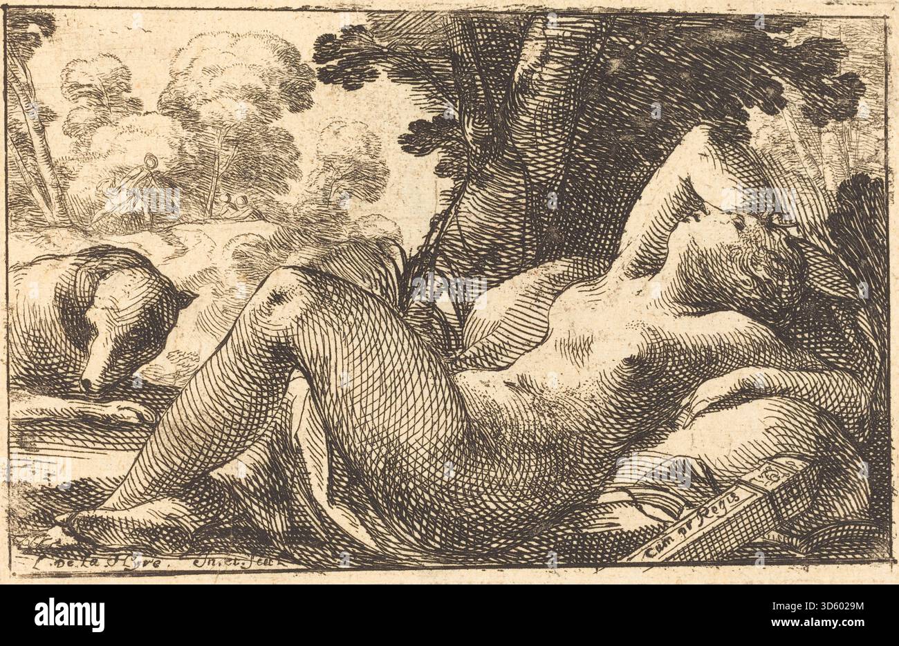 Kunstwerk von Laurent de La Hyre, 1620er Jahre, die die Göttin Diana in Liegeposition darstellt, die klassische Mythologie, Vorhänge, weibliche Figur, französische Maltradition des 17. Jahrhunderts betont. Stockfoto