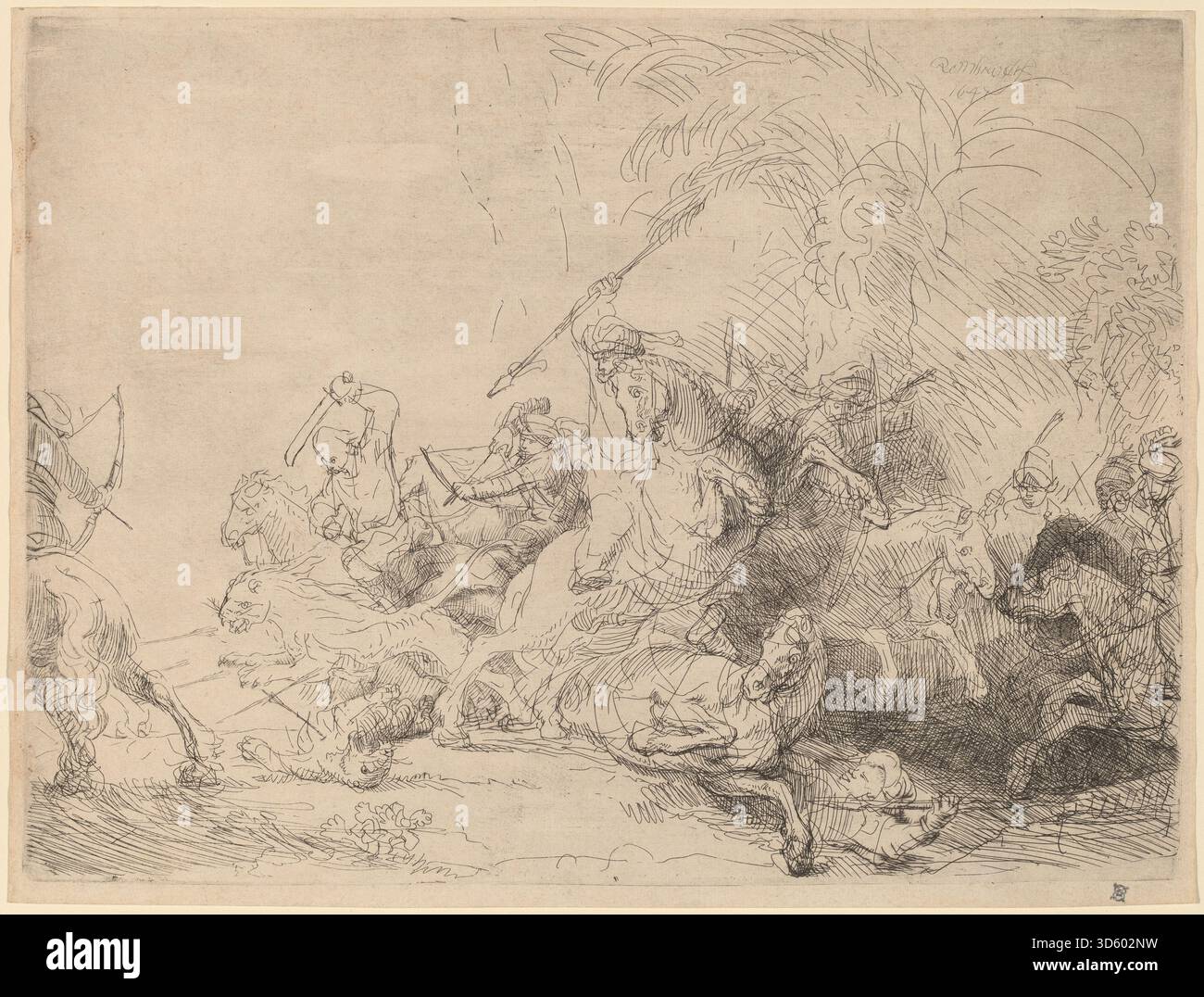 Ein Gemälde von Rembrandt van Rijn aus dem Jahr 1641, das eine große Löwenjagd zeigt, die Jäger zu Pferd, Löwen, Waffen, Bewegungen und dramatische Kompositionen zeigt, die typisch für die niederländische Kunst des 17. Jahrhunderts sind. Stockfoto