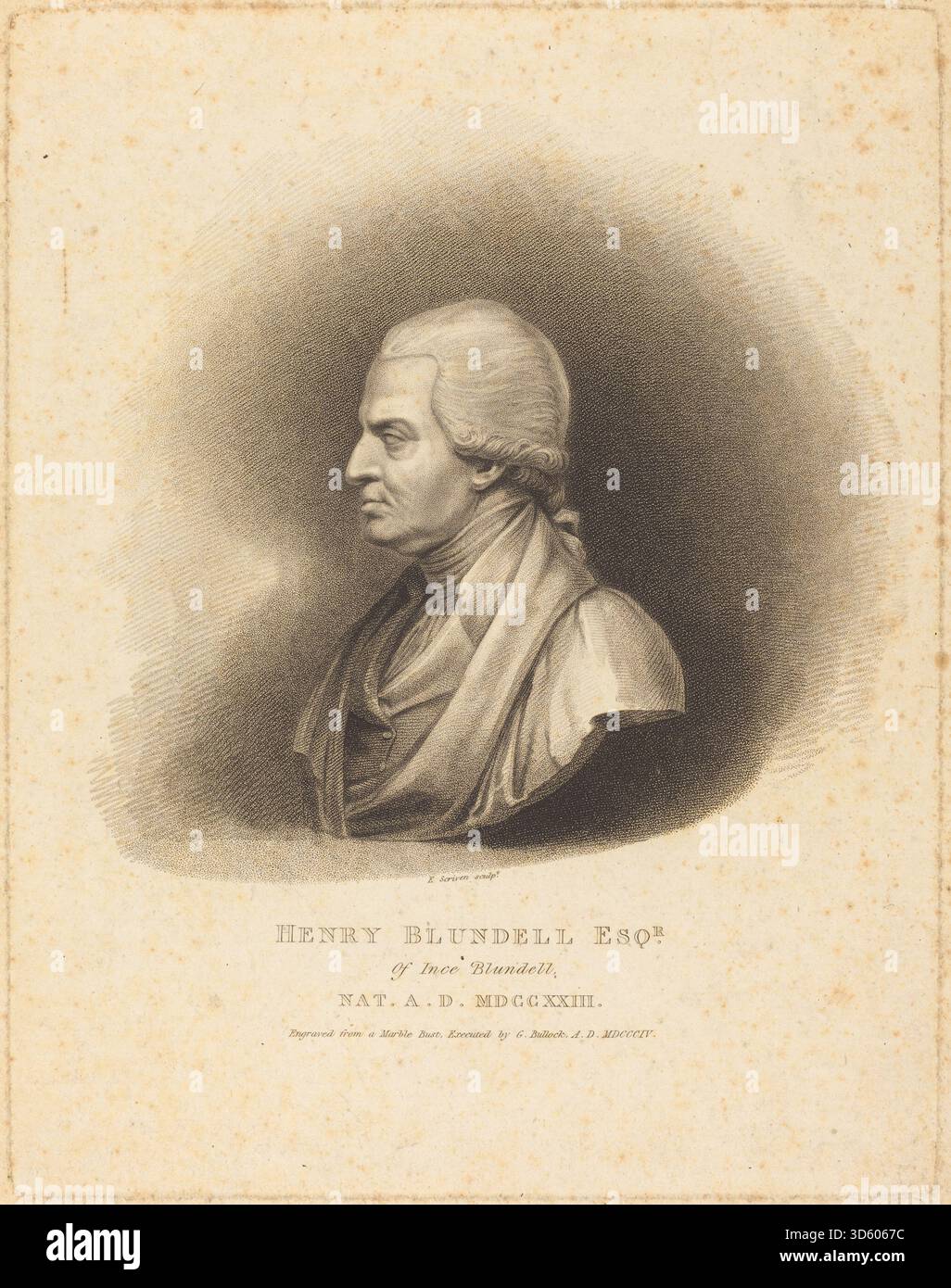 Dieser Stich von Edward Scriven nach George Bullock aus dem Jahr 1804 zeigt Henry Blundell mit detaillierten Gesichtszügen, Kleidung und Körperhaltung und hebt Porträttechniken des frühen 19. Jahrhunderts in der Druckerei hervor. Stockfoto