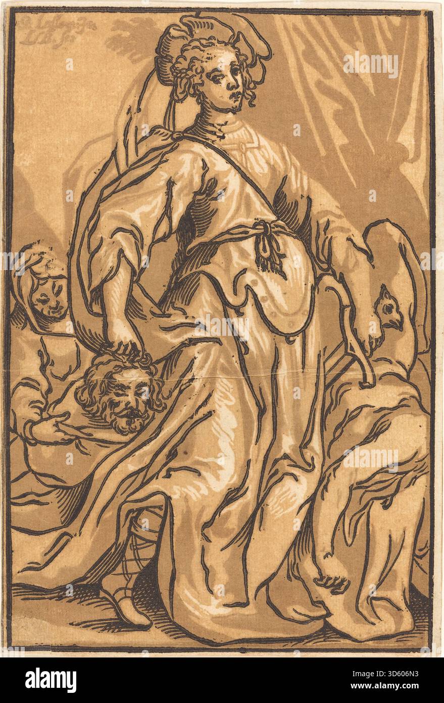 Kupferstich von Ludwig Büsinck nach Georges Lallemand, in dem Judith Holofernes enthauptet wird und eine biblische Geschichte aus dem Buch Judith mit dramatischer und heroischer Komposition illustriert. Stockfoto