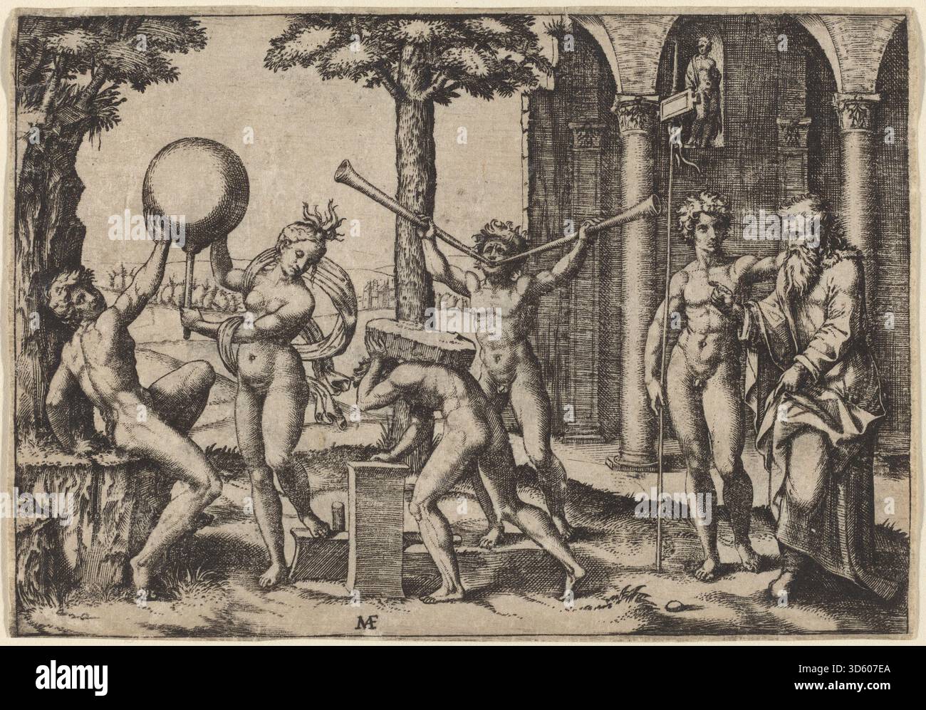 Dieser Druck von Marcantonio Raimondi nach Baccio Bandinelli zeigt „den Mann mit zwei Trompeten“ und zeigt eine männliche Figur, die zwei Trompeten hält. Das Werk wurde mit einer feinen Liniengravur ausgeführt und betont menschliche Anatomie, Proportionen und klassische Kompositionstechniken der italienischen Druckerei des frühen 16. Jahrhunderts. Stockfoto