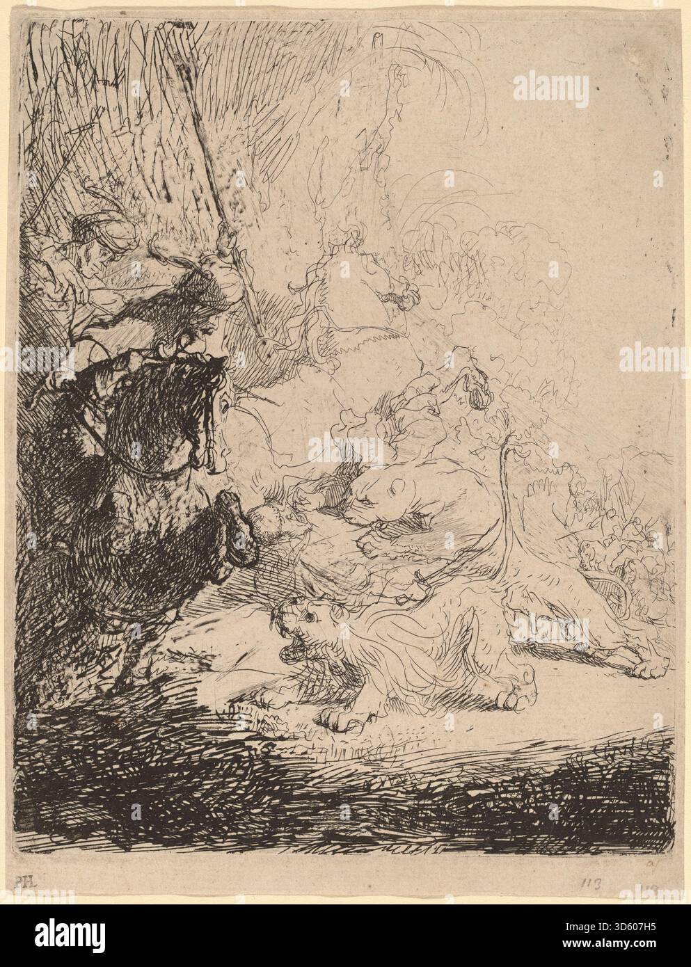Ein Gemälde von Rembrandt van Rijn um 1632, das eine Jagdszene mit zwei Löwen darstellt. Das Kunstwerk betont menschliche Figuren, Löwen, Waffen, Haltung, Landschaft, und dynamische Action, die die niederländische Geschichte und Genremalerei des 17. Jahrhunderts widerspiegelt. Stockfoto