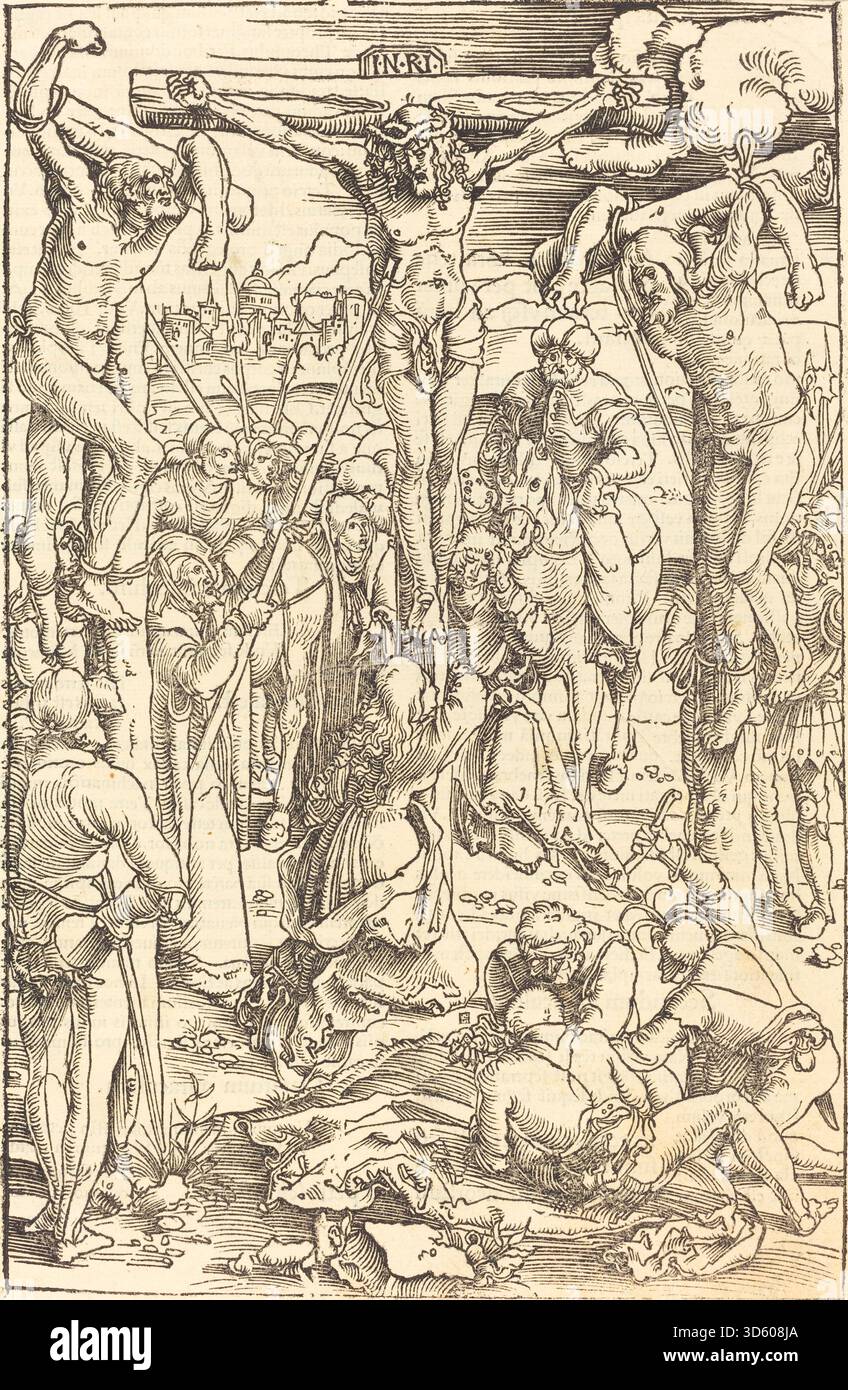 Dieses Gemälde von Hans Baldung Grien aus den Jahren 1505–1507 zeigt Christus am Kreuz. Die Arbeit betont Körperanatomie, Kreuzigungserzählung und religiöser Stil der nördlichen Renaissance. Stockfoto