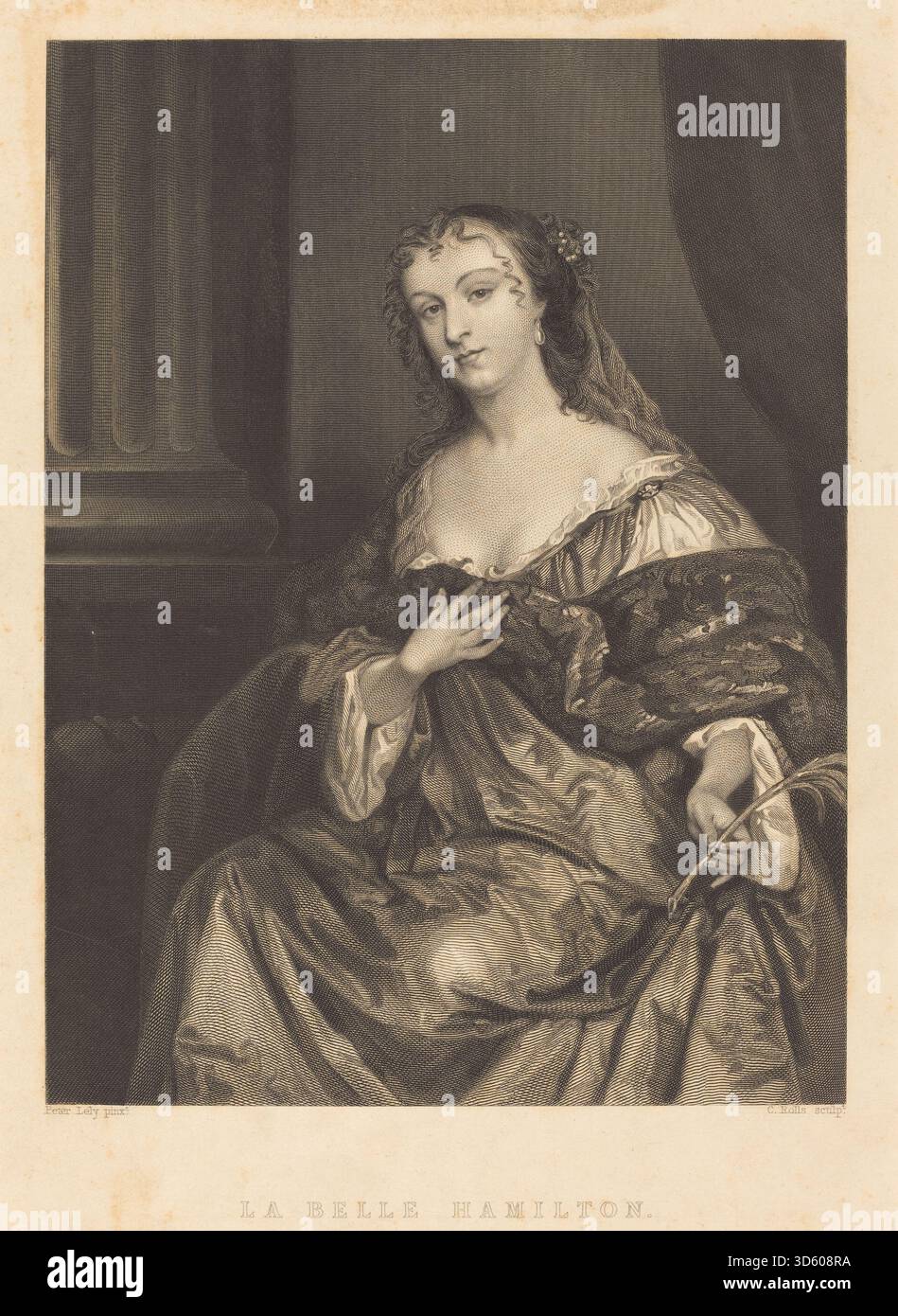 La Belle Hamilton, nach Sir Peter Lely, ist ein Porträt, das von Charles Rolls kopiert oder interpretiert wurde und ein weibliches Motiv mit zeitgenössischer Kleidung, Frisur und Pose darstellt, das Porträtstil und kompositorische Konventionen des 17. Jahrhunderts widerspiegelt. Stockfoto