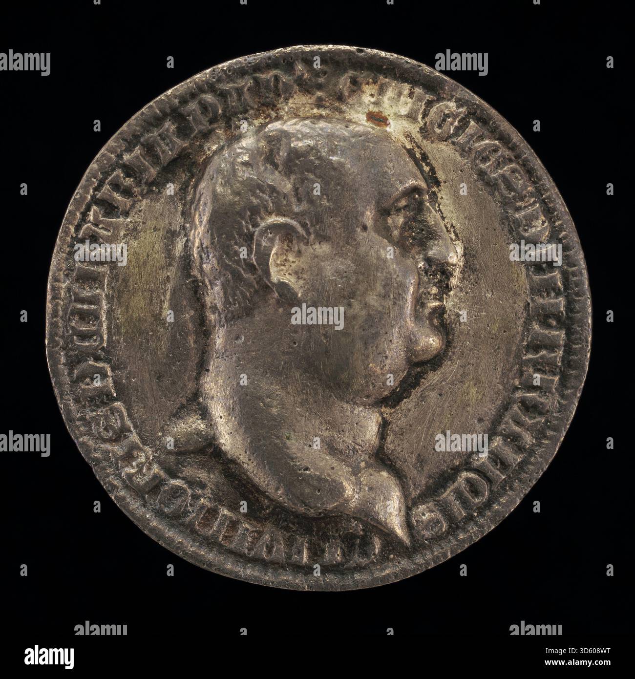 Diese Medaille oder Münze aus dem 14. Jahrhundert aus Paduan von 1390 zeigt Francesco II. Da Carrara, Herr von Padua, 1388–1405. Die Vorderseite zeigt sein Porträt, Inschriften und symbolische Elemente, die italienische mittelalterliche numismatische Kunst und Porträt widerspiegeln. Stockfoto