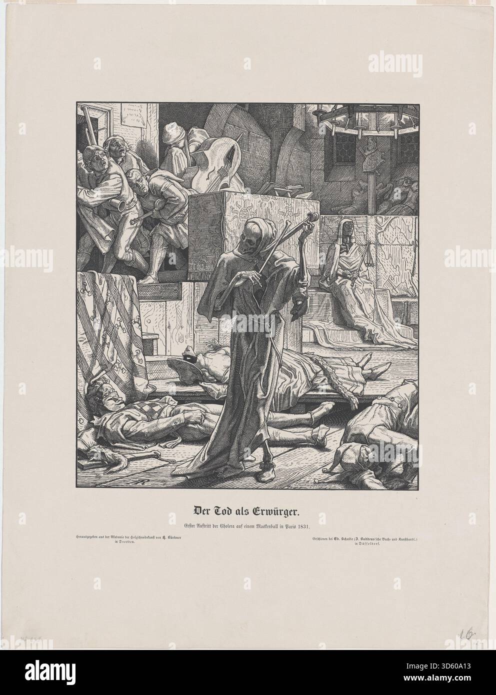 Alfred Rethels Gravur „der Tod als Freund“ aus dem Jahr 1831 veranschaulicht den Tod in einer freundlichen Interaktion mit Menschen, zeigt Skelette mit ausdrucksstarken Gesten, detaillierter Anatomie und narrativer Komposition, die die Mortalität widerspiegelt. Stockfoto