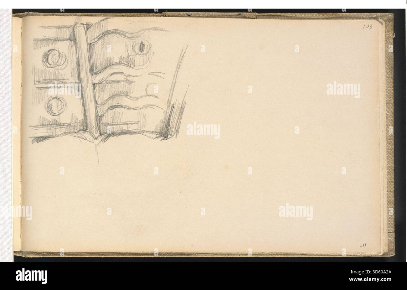 Dieses Stillleben von Paul Cézanne (1880–1883) zeigt einen Stuhl und eine Kommode mit detaillierten Holzflächen, Strukturen, Materialstrukturen und Pinselarbeiten, die typisch für frühe französische postimpressionistische Hausszenen sind. Stockfoto