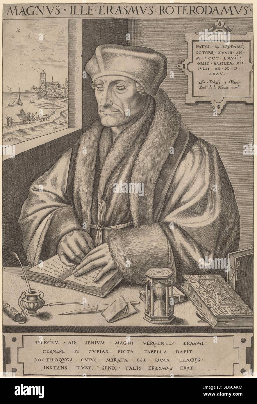 Ein Kupferstich von Frans Huys nach Hans Holbein dem Jüngeren, der Erasmus von Rotterdam darstellt. Das Werk betont die Gesichtszüge, die wissenschaftliche Kleidung und den Ausdruck von Erasmus und spiegelt humanistische Porträtmalerei des frühen 16. Jahrhunderts und detaillierte Zeilengravurtechniken wider. Stockfoto