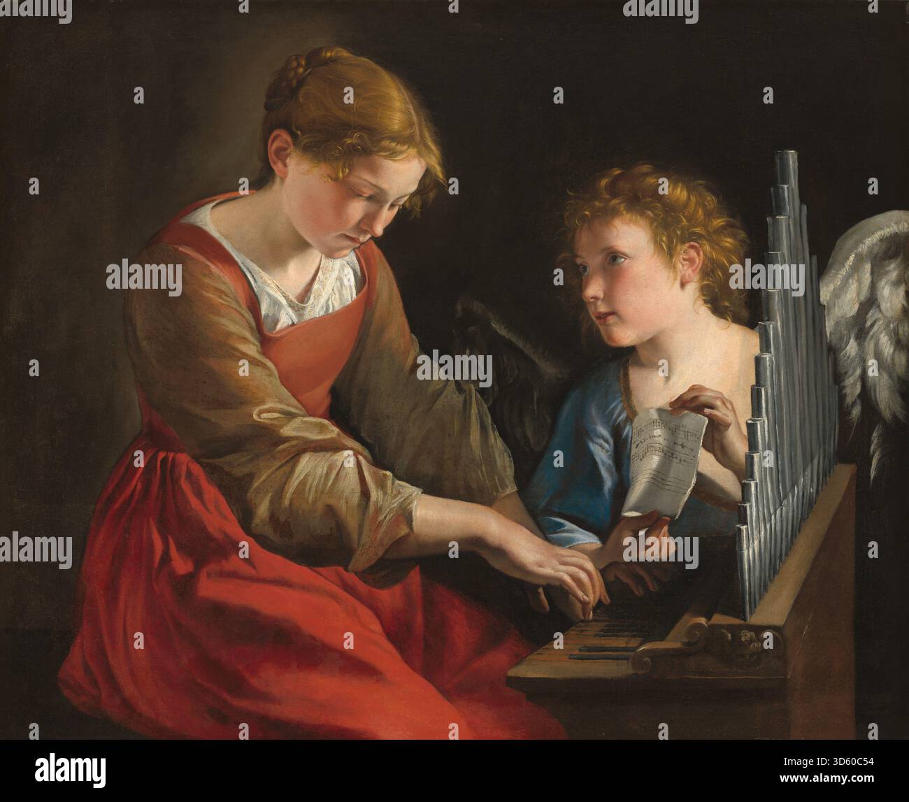 Zusammenarbeit von Orazio Gentileschi und Giovanni Lanfranco, die die Heilige Cecilia mit einem Engel zeigt, der ein Musikinstrument spielt, während ein Engel zuhört, und die musikalische Hingabe und Frömmigkeit betont. Stockfoto