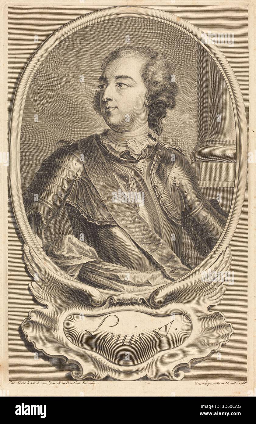 Ein Stich von Jean Daullé aus dem Jahr 1738 nach Jean Baptiste Lemoyne II., der König Ludwig XV. Darstellt. Das Werk hebt königliche Kleidung, Haltung, Gesichtszüge und kompositorische Arrangements hervor, die charakteristisch für französische königliche Porträts aus der Mitte des 18. Jahrhunderts sind. Stockfoto