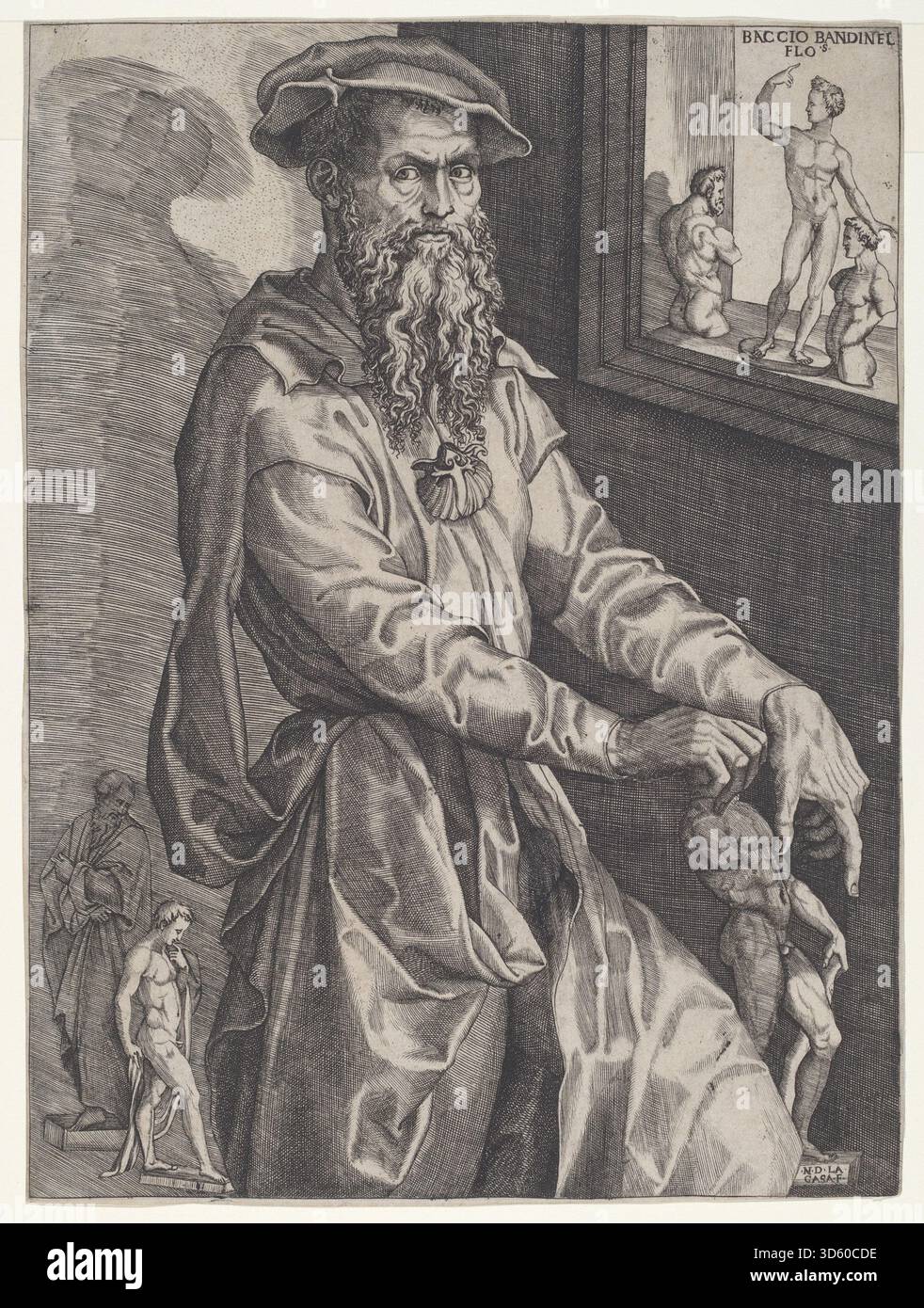 Ein um 1544 entstandenes Porträt von Baccio Bandinelli von Nicolò della Casa, das detaillierte Gesichtszüge, historische Kleidung und realistische Darstellungen zeigt, die mit Renaissanceporträts übereinstimmen. Stockfoto