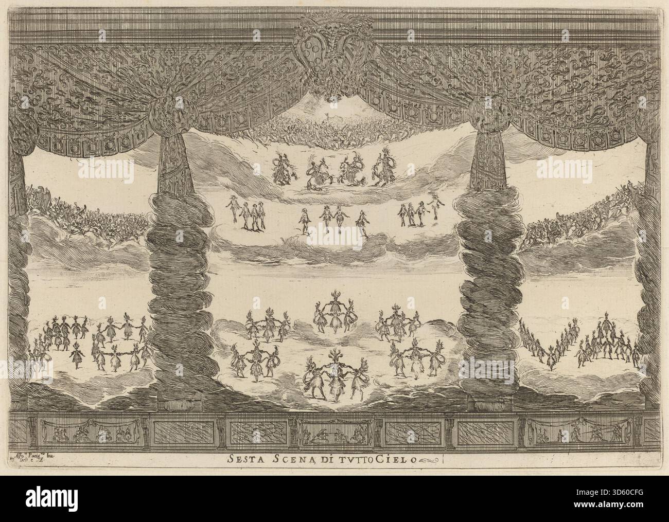 Radierung von Stefano Della Bella, 1637, mit der sechsten Szene von Tutto Cielo. Der Druck zeigt Figuren, Himmelselemente, Gesten und barocke Ätzstile. Stockfoto