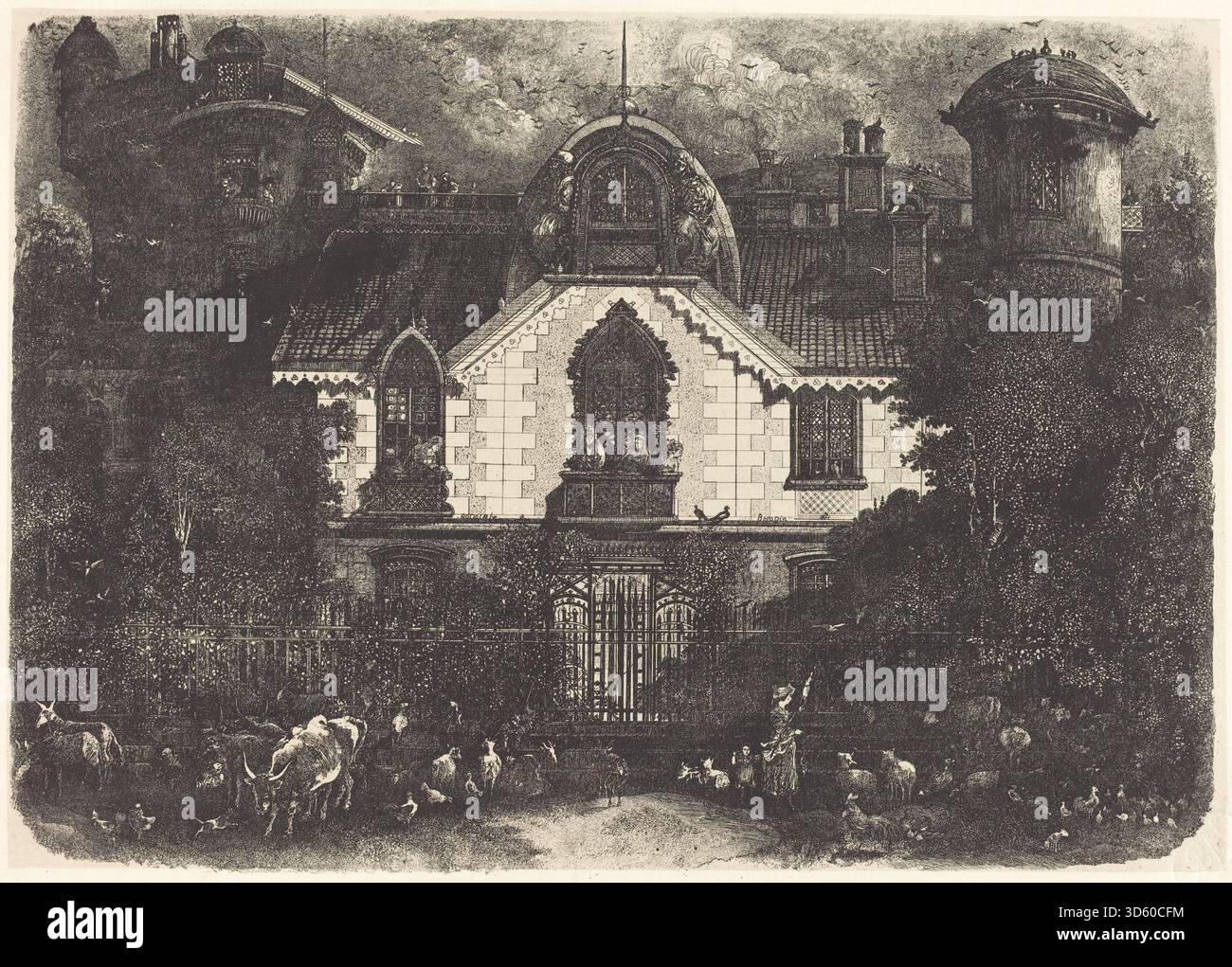 Diese Ätzung zeigt ein heruntergekommenes Haus, umgeben von Bäumen, mit detaillierten Texturen, architektonischen Elementen und stimmungsvollen Schatten. Das Werk spiegelt das Interesse Frankreichs an gotischen und übernatürlichen Themen des 19. Jahrhunderts wider. Stockfoto