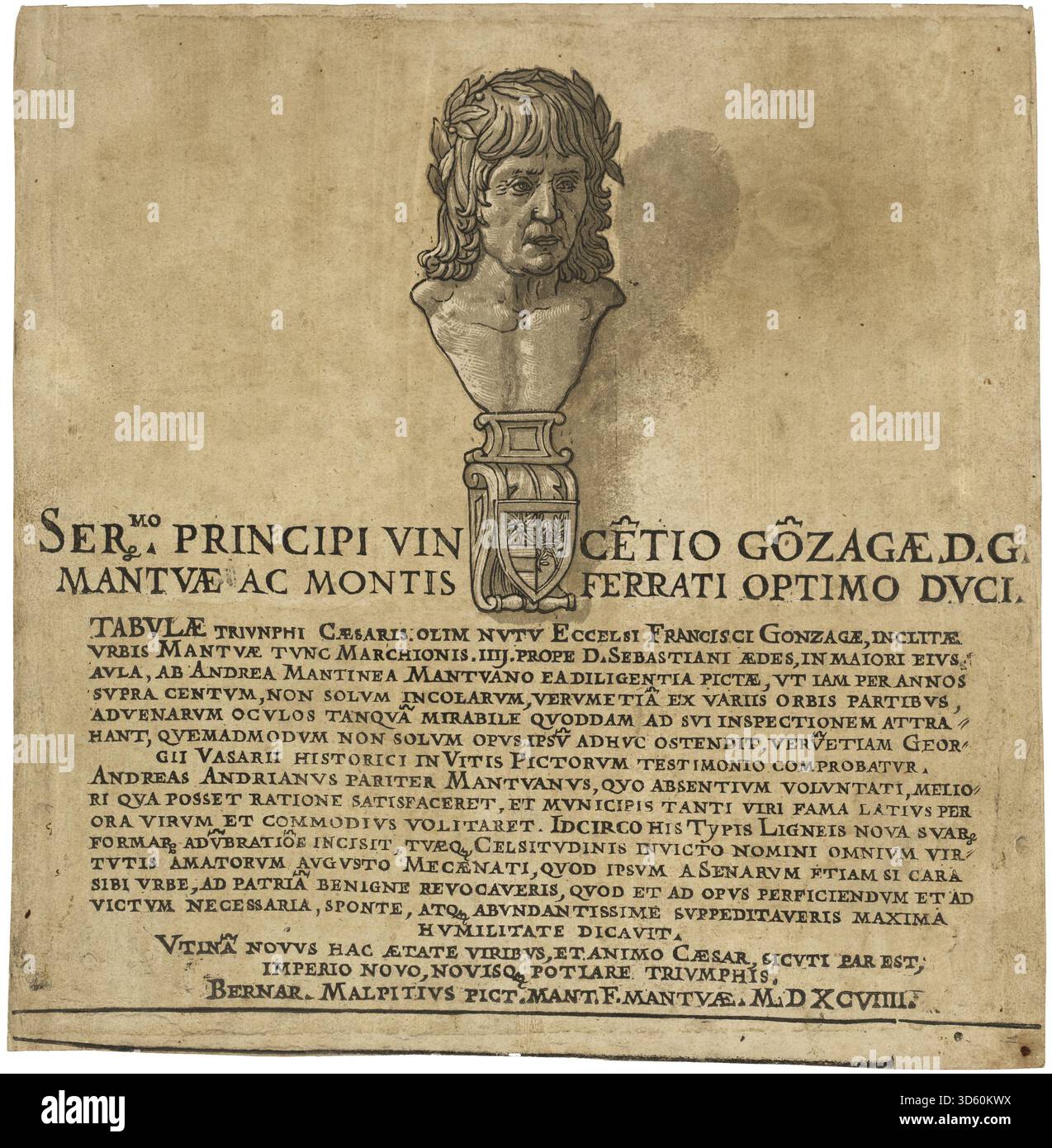 Ein Titelblatt von Andrea Andreani aus dem Jahr 1599 nach Andrea Mantegna für den Triumph von Julius Cäsar. Der Druck enthält dekorative Borten, römische Ikonographie, allegorische Elemente und klassische Motive. Stockfoto