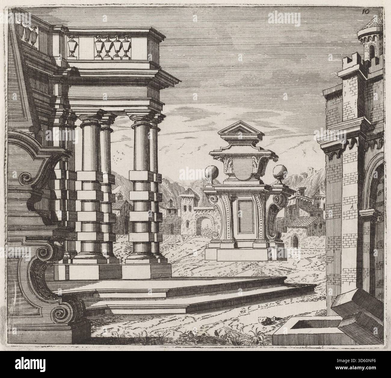 Stich von Giuseppe Antonio Landi, vor 1753, zeigt eine architektonische Fantasie mit Portalen, Denkmälern, Bögen und klassischen Designelementen in einem komplexen Stadtbild. Stockfoto