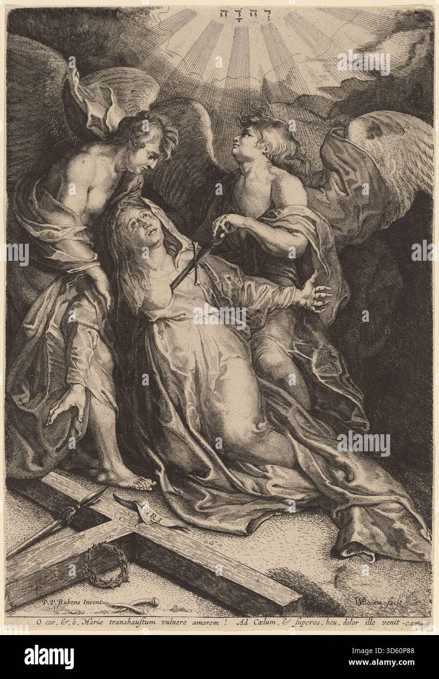 Ein Kupferstich von Willem van der Leeuw nach Rubens, der Mater Dolorosa in Knien zeigt, gestützt von zwei Engeln. Das Werk betont die Jungfrau Maria, Engel, Haltung, Kleidung, Gesten, Ausdrücke und kompositorische Arrangements, die religiöse Andachtskunst des 17. Jahrhunderts widerspiegeln. Stockfoto