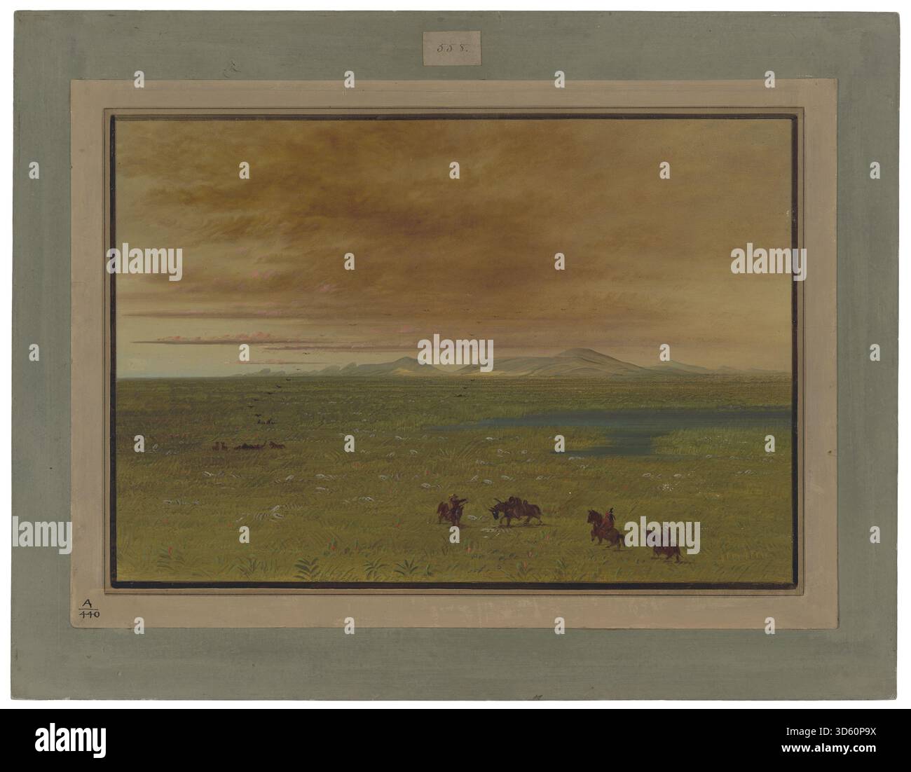 Dieses Gemälde von George Catlin, das zwischen 1854 und 1869 entstand, zeigt einen großen lavoir in Pampa del Sacramento. Die Arbeit betont die Architektur des Waschhauses, die umgebende Landschaft und die menschliche Aktivität, die in den täglichen Aufgaben tätig ist. Stockfoto